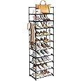 Fixwal 10-Tiers Shoe Rack for Cloest, Tall Shoe Organizer for Entryway Bedroom Hallway, Shoe Storage Large Capacity for 20-24 Pairs of Shoes and Boots, Narrow Metal Shoe Shelf with Hooks (Black)