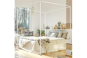 LODIKE White Metal Poles Canopy Bed Frame with Four Plastic Removable Fixing Foot Plate, Four Corner Bed Brackets Fit for Bed Frames for Bedroom Decor Upgrade - Full Size (Not Wobbly)