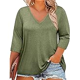 ZDC Womens Plus Size Tops 3/4 Sleeve V Neck T Shirts Casual Loose Fit Tee Tunic Blouse