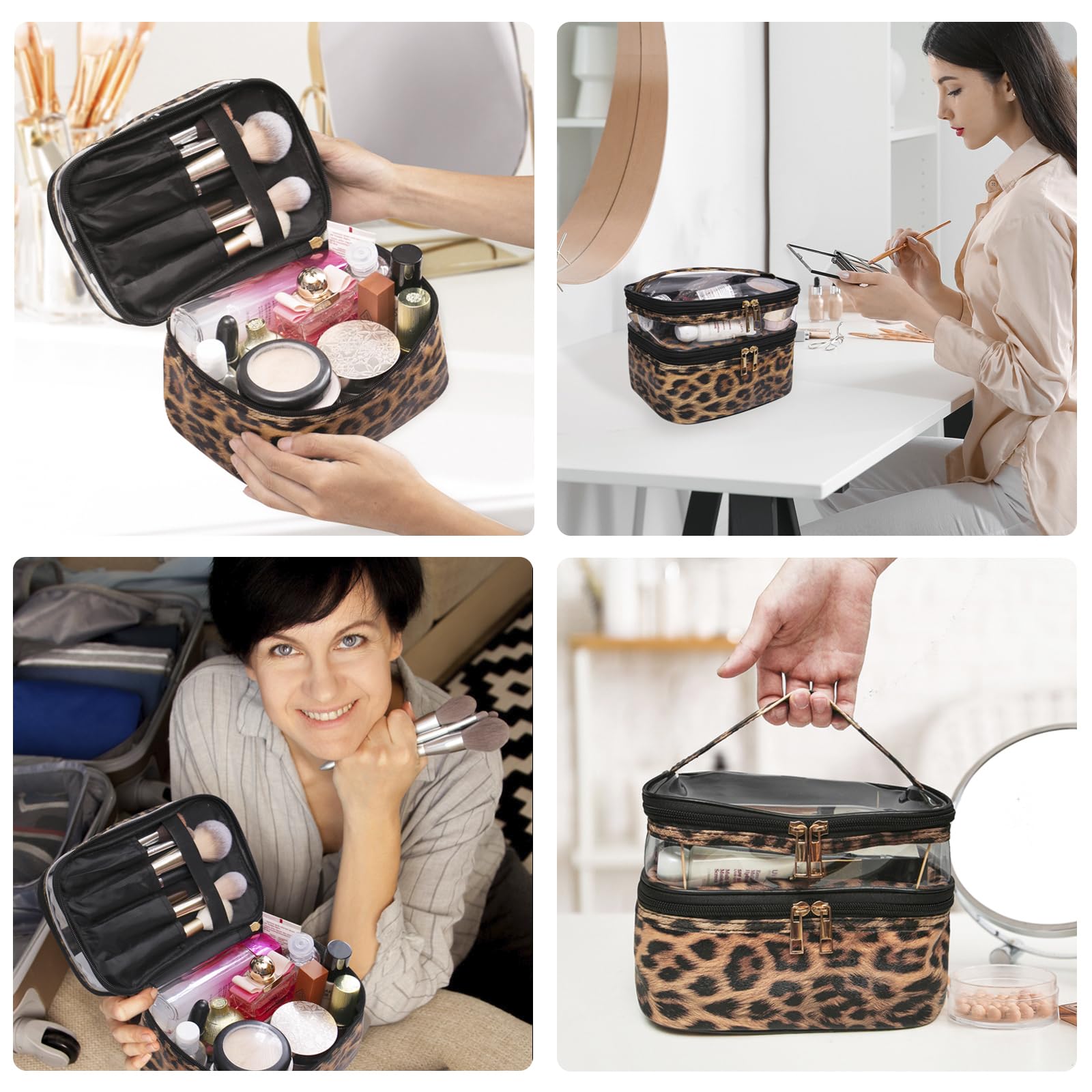 Double-layer Cosmetic Bag Makeup Bag Travel Makeup Bag Makeup Bags for Women Cosmetics Cases Portable Waterproof Foldable (Leopard)