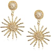 KVANU Unique Bohemian Vintage Gold Hexagram Celestial Sun Star Dangle Drop Earrings Sunflower Pearl Stud Earrings for Women Statement Wedding Jewelry Earrings