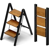 Taranta 3 Step Stool Foldable,Aluminum Step Ladder-BlackWoodgrain | Lightweight,Wide Anti-Slip Pedals,Folding Step Stool,330lbs Capacity for Household,Kitchen,Office