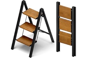 Taranta 3 Step Ladder,Aluminum Lightweight Folding 3 Step Stool with Anti-Slip Wide Pedal, 330lbs Capacity Step Ladder for Household,Kitchen,Office - BlackWoodgrain