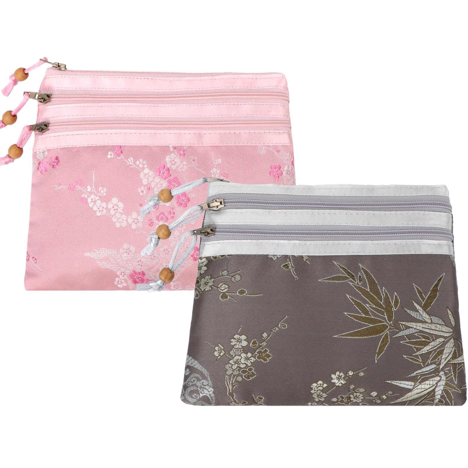 kilofly Chinese Silk Brocade 3 Zipper Pockets Jewelry Pouch Bag, 7 inch, Set2 B