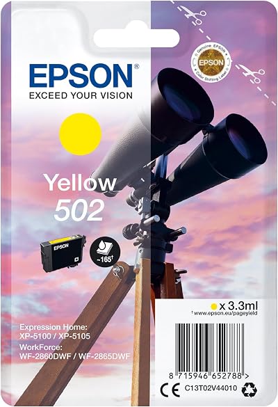 Epson 502 Yellow Ink Cartridge Genuine for XP-5100 XP-5105 WF-2860 WF-2865