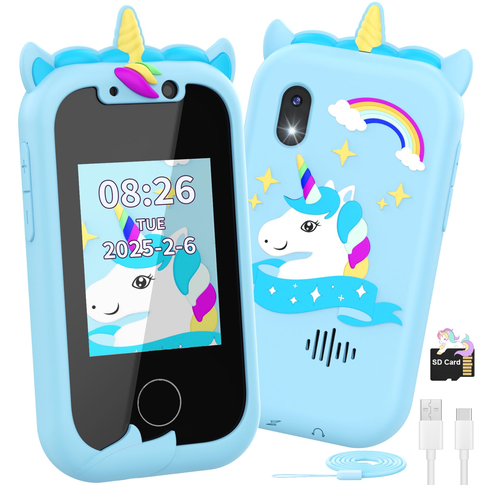 Ashfly Kids Phone for Girls,2.4’’ Kids Smart Phone Learning Toy with Dual Camera Music Player SD Card,Unicorns Christmas Birthday Gifts for 3-8 Year Old Girls-Blue