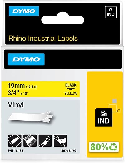 Dymo Rhino Industrial Vinyl Labels 19 mm x 5.5 m Black Print on Yellow