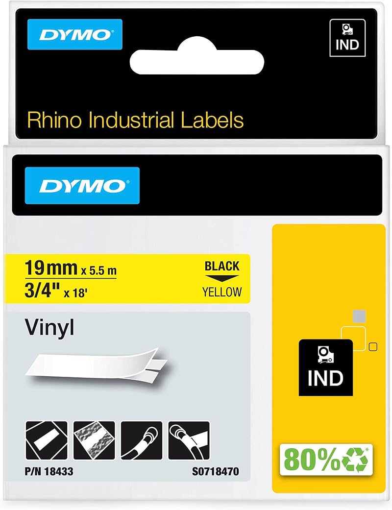 Dymo Rhino Industrial Vinyl Labels 19 mm x 5.5 m Black Print on Yellow