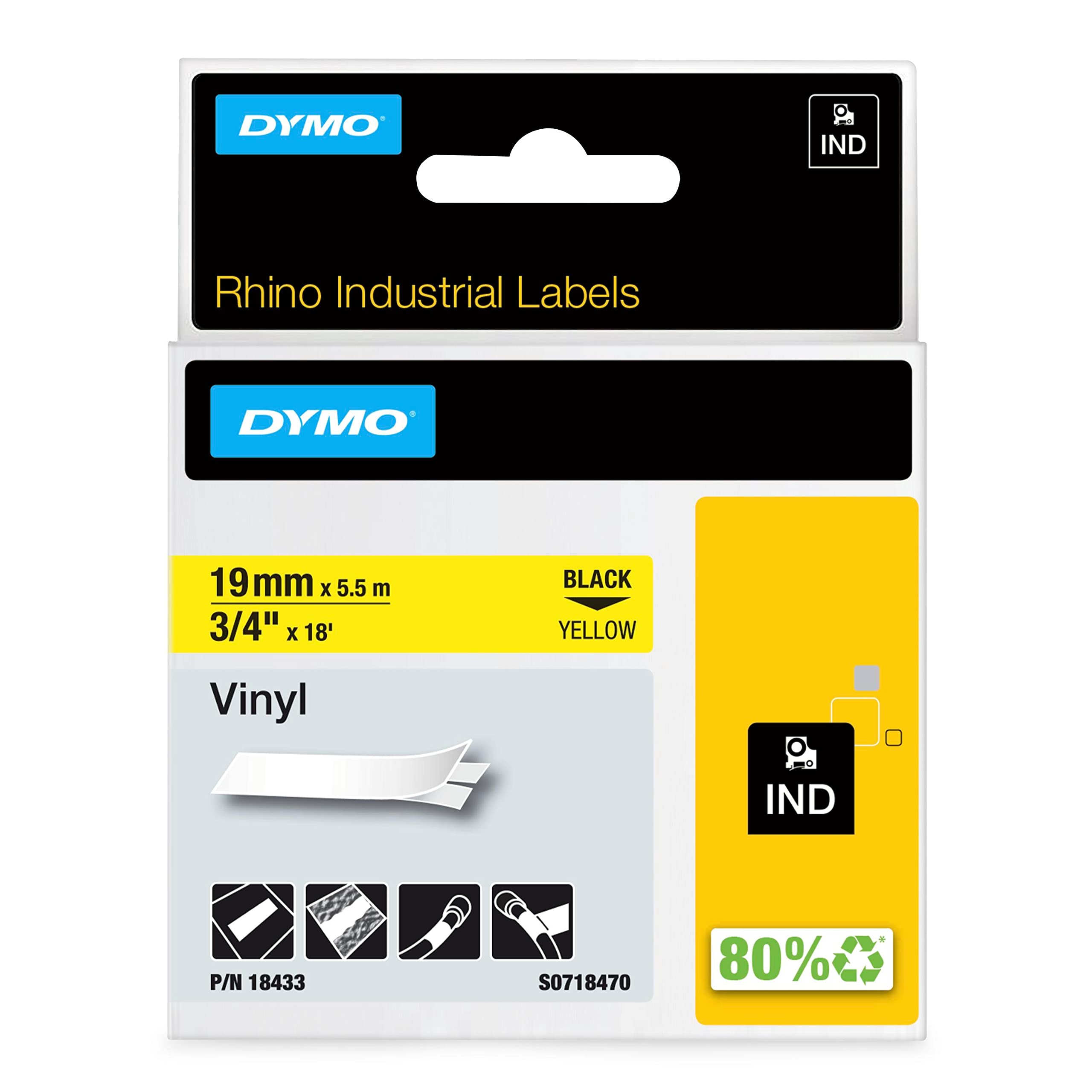 DYMO Rhino Industrial Vinyl Labels | 19 mm x 5.5 m | Black Print on Yellow | Self-Adhesive | for Rhino & LabelManager Label Makers