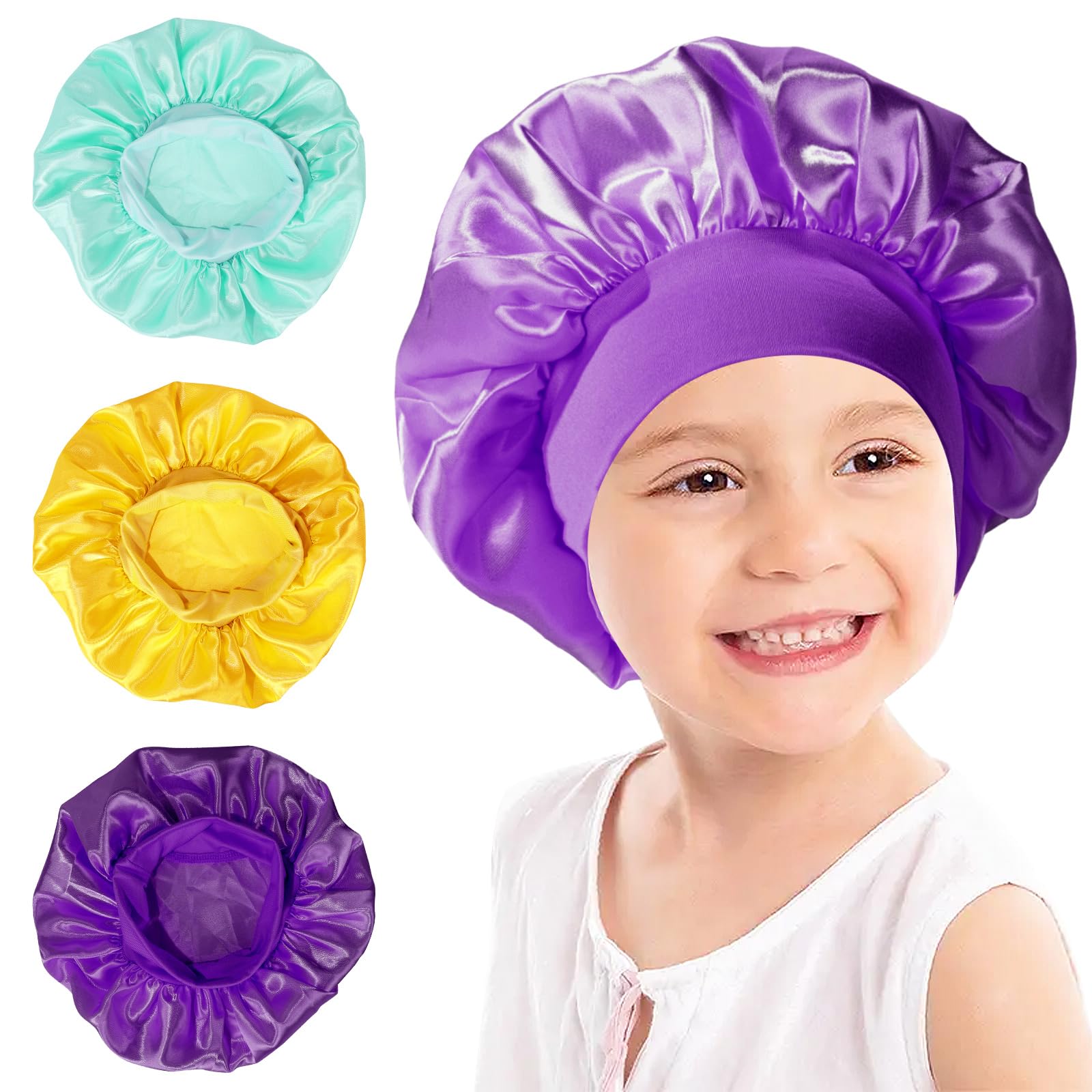 3-in-1 Silk Bonnet Set for Kids - Soft, Adjustable Satin Hair Wrap for Sleeping - Purple, Yellow, Green