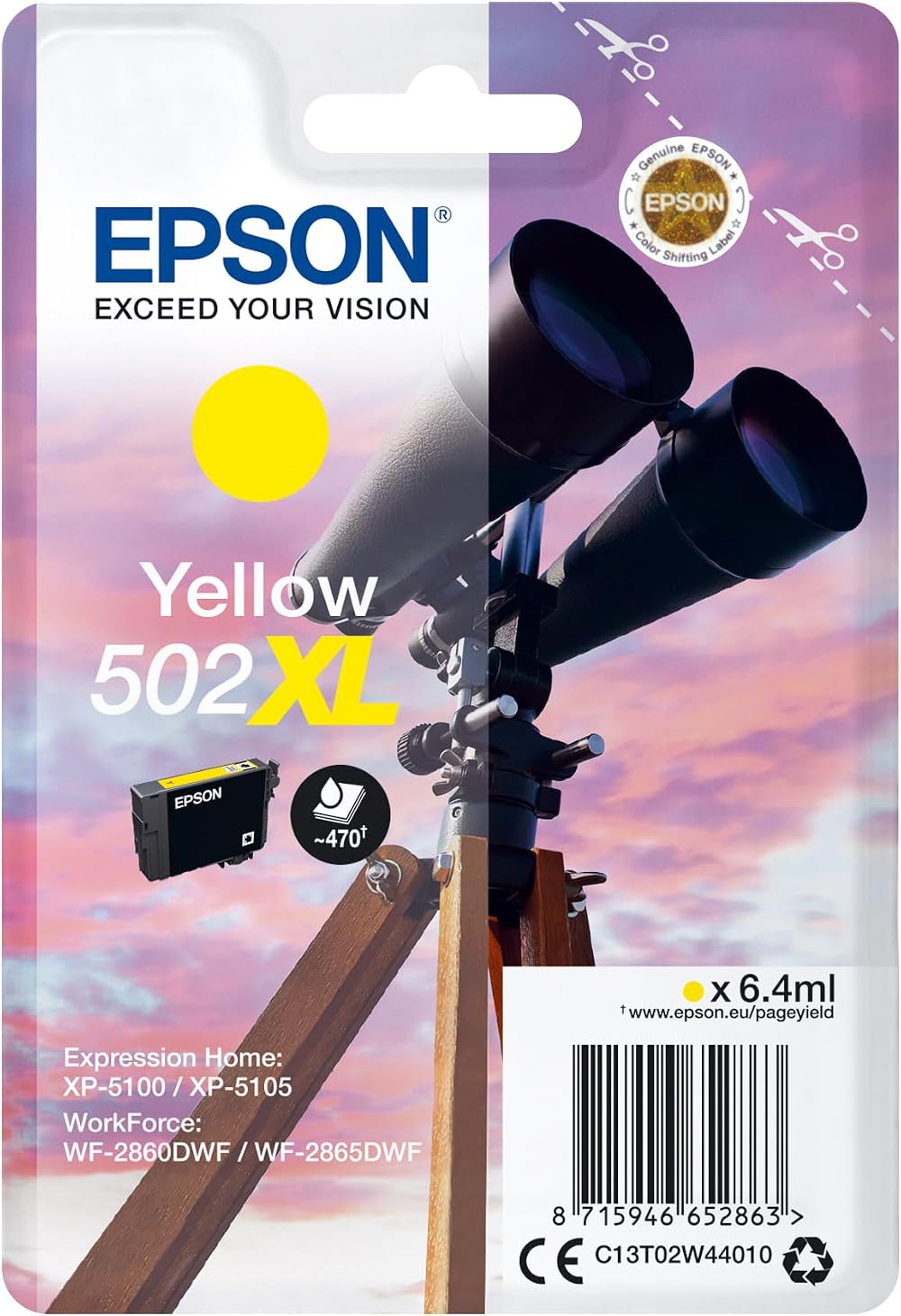 Epson 502XL Yellow Ink Cartridge Binocular High Yield Genuine