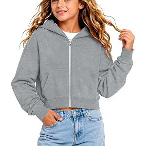 Girls Zip up Hoodies Cropped Sweatshirt Kids Lightweight Hooded Fall Jacket Teen Girl Back to School Outfit with Pocket