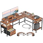 Furologee 66” L Shaped Desk with Power Outlet, Reversible Computer Gaming Desk with File Drawer & 2 Monitor Stands for Home Office with Storage Shelves, Rustic Brown