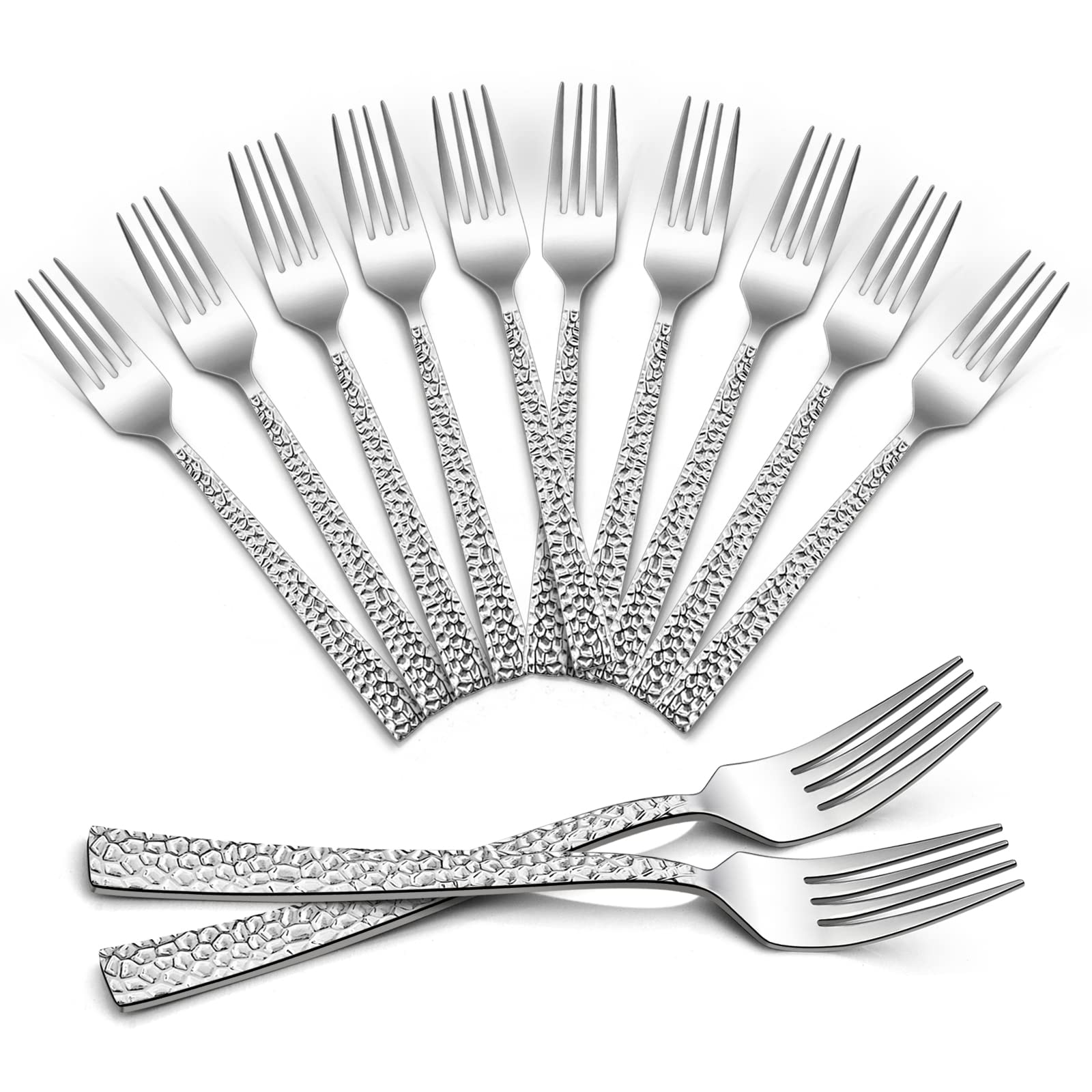 HaWare Stainless Steel Hammered Dinner Fork Set of 12, Large Table Forks for Home, Kitchen, Restaurant, Mirror Finish& Dishwasher Safe-20cm