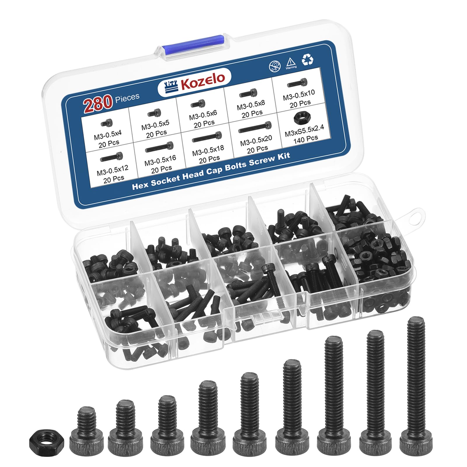 Kozelo 280pcs M3 Socket Head Cap Screws Bolts Nuts Assortment Kit - [M3x4/5/6/8/10/12/16/18/20mm] Alloy Steel Black Oxide 12.9 Internal Hex Screw for 3D Printer Use, with Wrench