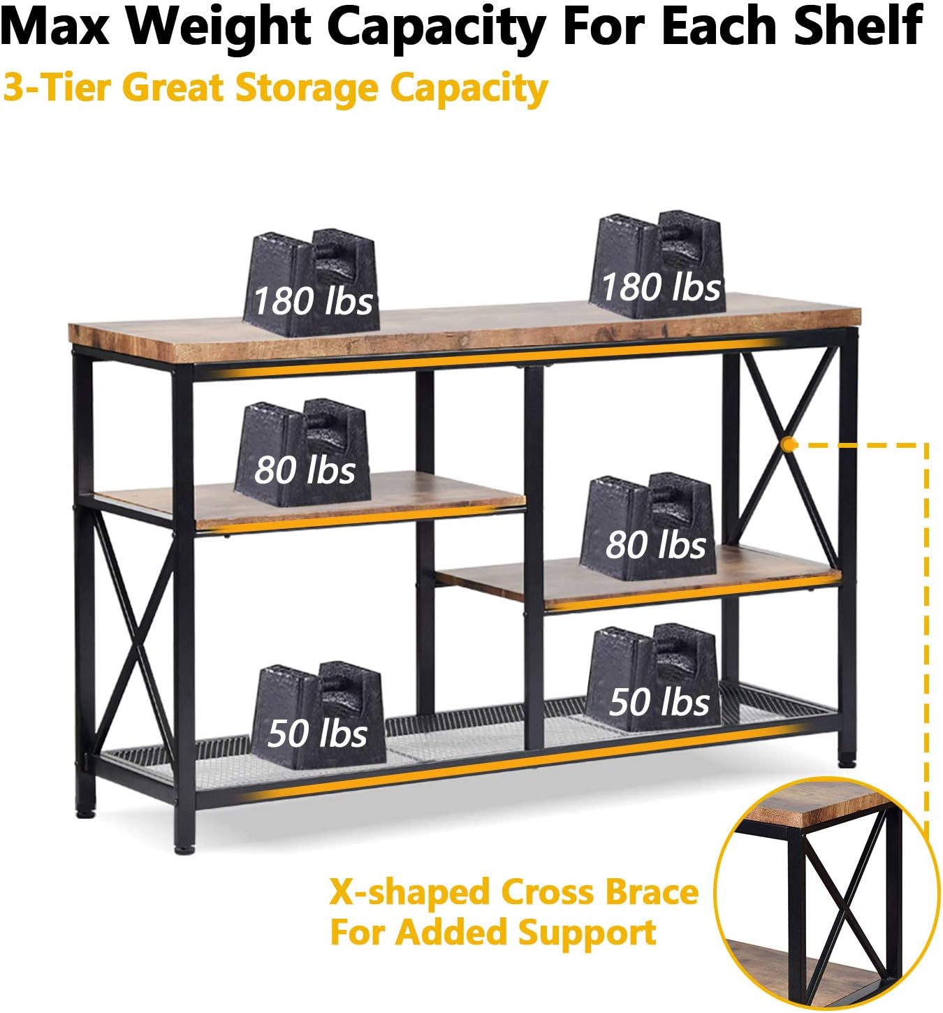 EdMaxwell Rustic Console Table, Industrial Sofa Table for Entryway, Hallway, Living Room, Behind The Couch, 51 Inch Long Table, 3-Tier X Design Narrow Entryway Table with Storage: Kitchen & Dining