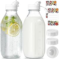 Milk Bottle with 2 Dispenser Cap, 100% Airtight Screw Lid. 2 Pack 32 Oz Reusable Glass Bottles with 3 Lids! Milk Container fo