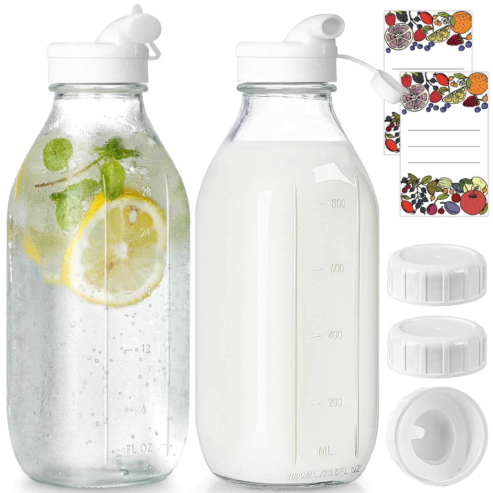 Photo 1 of 2 Pack Glass Milk Bottle with 2 Dispenser Caps, 100% Airtight Heavy Duty Screw Lid. 32 Oz Reusable Glass Water Jug with 3 Lids! Breast Milk Pitcher, Buttermilk, Nut, Juice, Syrup, Coffee Creamer