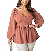 SCOMCHIC Women's Plus Size Blouses Long Sleeve Sweetheart Neckline Babydoll Ruffle Peplum Smocked Cute Casual Fall Tops