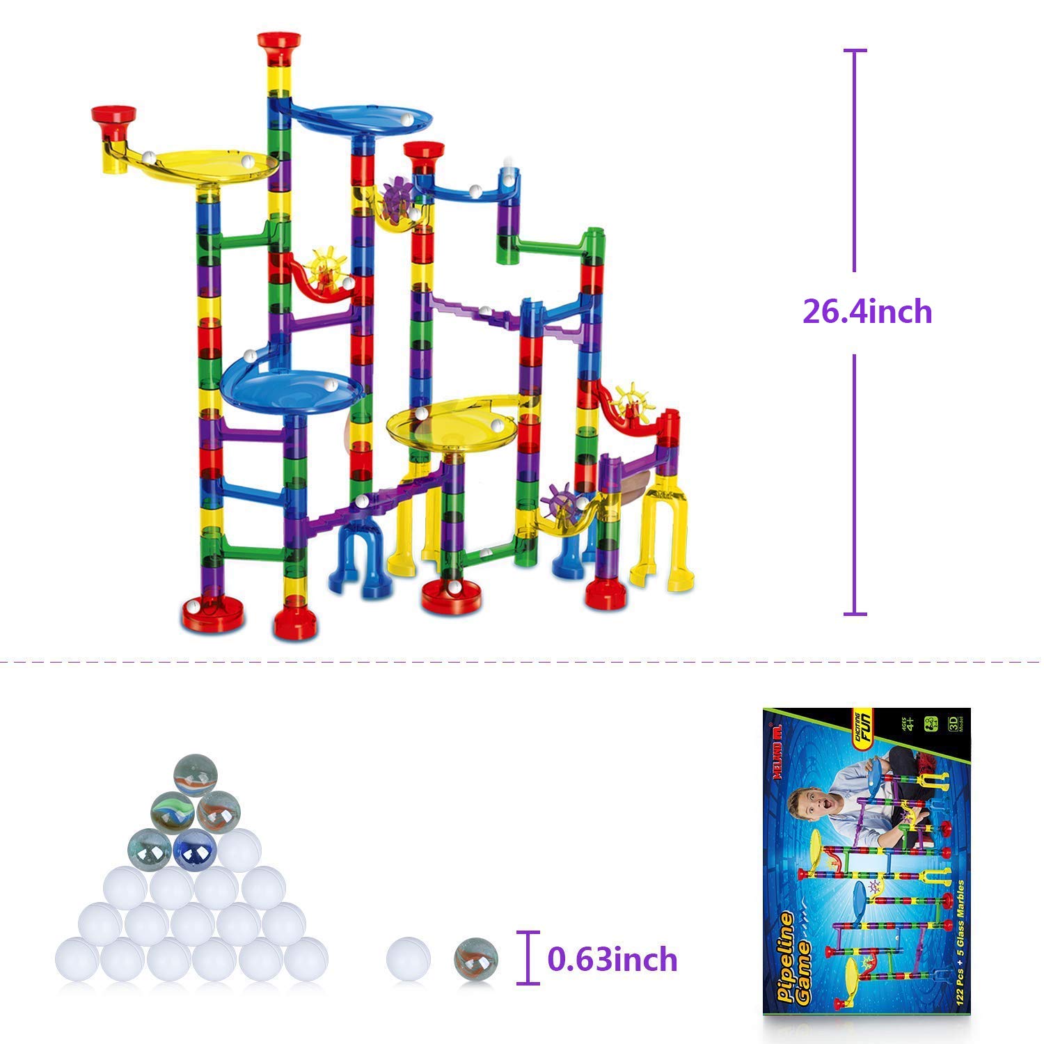 Marble Run - 127 Pcs Marble Race Track Educational Building Blocks Set Construction Stem Learning Toys Marble Maze Game for Kids 4 5 6 7 8 9 + Year Old Boys Girls (122 Marbulous Pieces + 5 Glass Marbles)