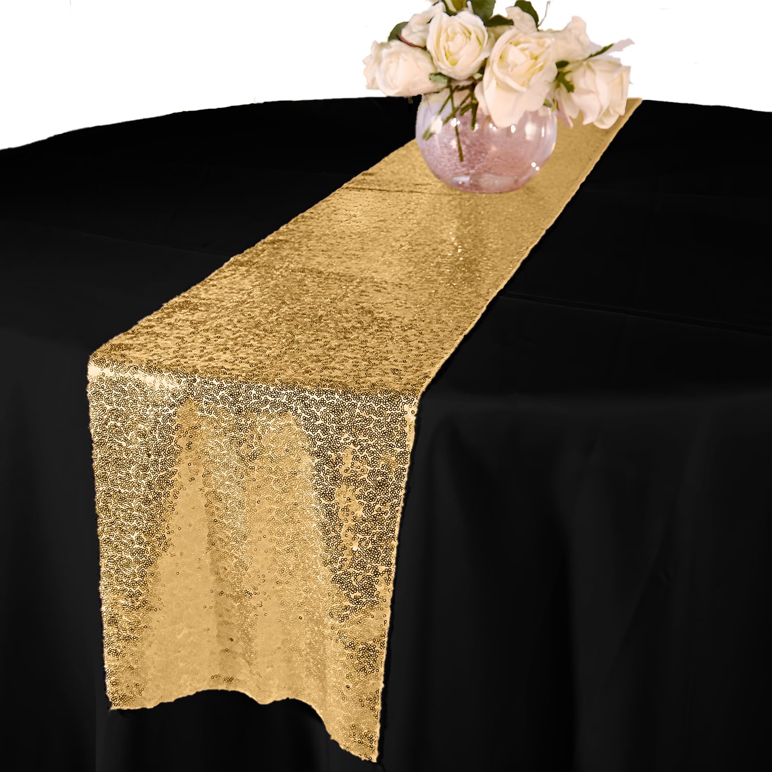 Elegant Event Essentials – Sequin Party Long Table Runner – For Spring Party, Wedding, Reception, Banquet, Home Dining Space Christmas Centrepiece Decoration (12” x 108”/30.48 x 274.32cm) - Gold