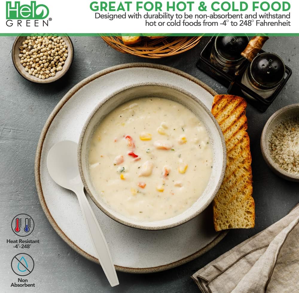 [50 Pack] HeloGreen Eco-Friendly Cornstarch 6" Disposable Soup Spoons: Heavyweight Heavy Duty Elegant Alternative to Plastic Spoons, Plasticware Utensils Cutlery, Ivory: Health & Personal Care
