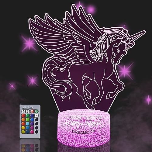 DREAMOON Unicorn Gift for Girls - 3D Illusion Lamp with 16 Color Change Remote Control, Creative Birthday Unicorn Fans Toy