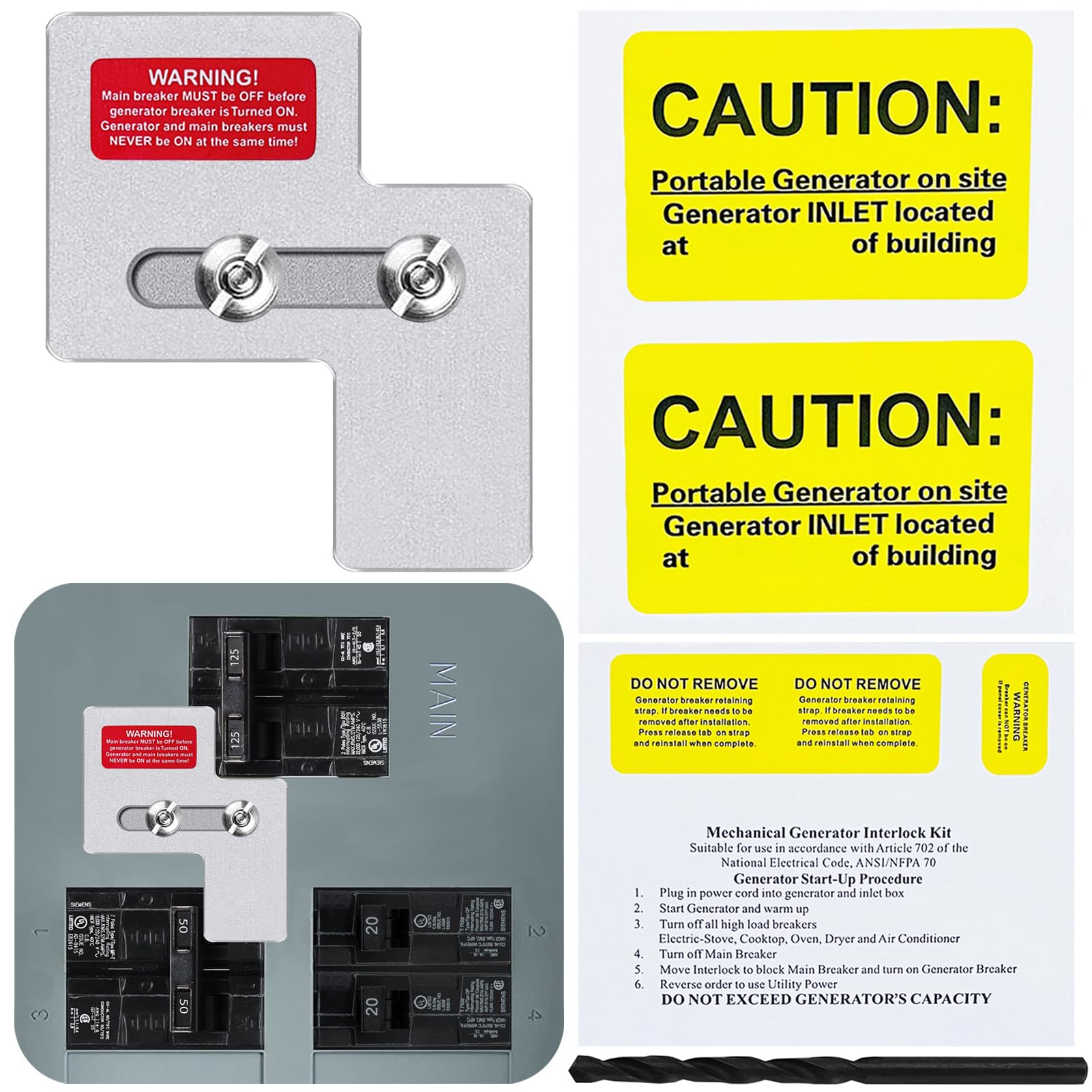 Photo 1 of Generator Interlock Kit for Siemens 100 Amp or Murray 100 Amp Panels, Professional and Interlock Kit, 7/8-1 1/4" Spacing Between Main and Branch Breakers