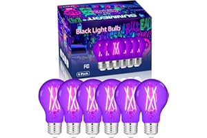 Sunmerit 6 Pack Filament LED A19 Black Light Bulbs,6W (60W Equivalent) -E26 Base,UVA Level 390-400nm, Glow in The Dark for Halloween Party, Body Paint, Neon Glow, Fluorescent Posters Decor