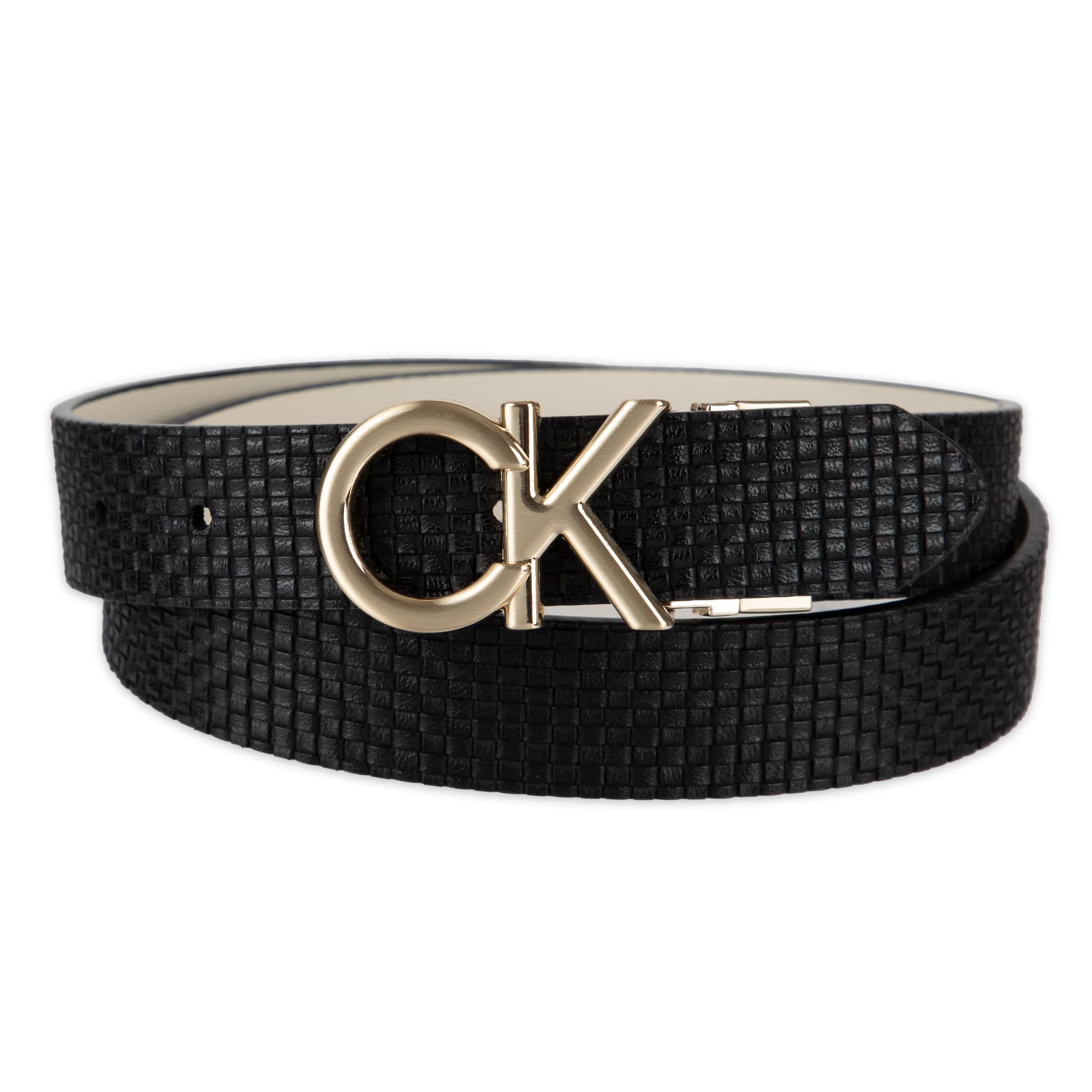 Calvin Klein Women's Puffed CK Logo Reversible Dress Belt, Black/Bone, Small Image
