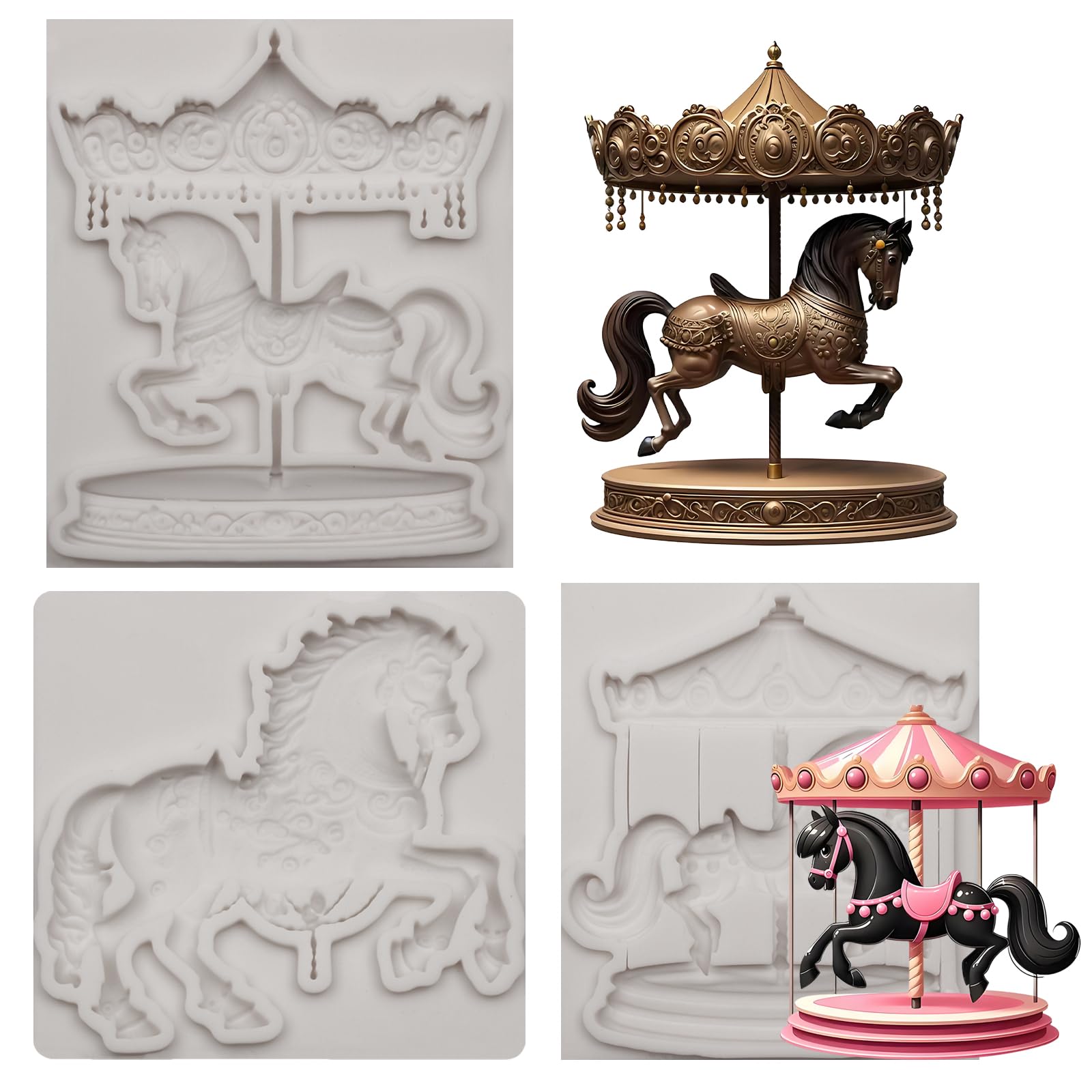 Photo 1 of 2 Pieces Carousel Horse Fondant Silicone Molds, 3D Merry-Go-Round Chocolate Baking Molds for Lollipop Sugarcraft Gum Paste Baby Shower Carousel Party Cake Decorating Supplies Clay Resin