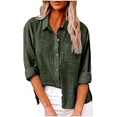 Womens Linen Button Down Shirts Dressy Long Sleeve Cotton Tops Trendy Summer Gauze Blouses Business Casual Clothes