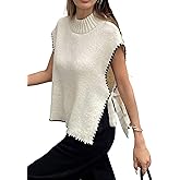 Verdusa Women's Old Money Sweater Tie Knot Slit Sweater Vest Mock Neck Cap Sleeve Lightweight Knit Tops