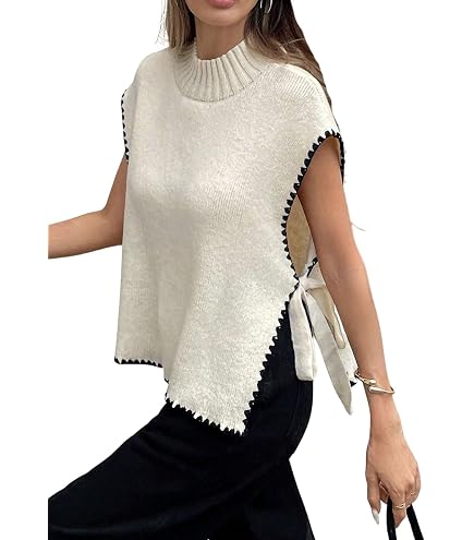 ZZEVOLSS Women Side Tie Sweater Vest Scallop Trim Mock Neck Knit