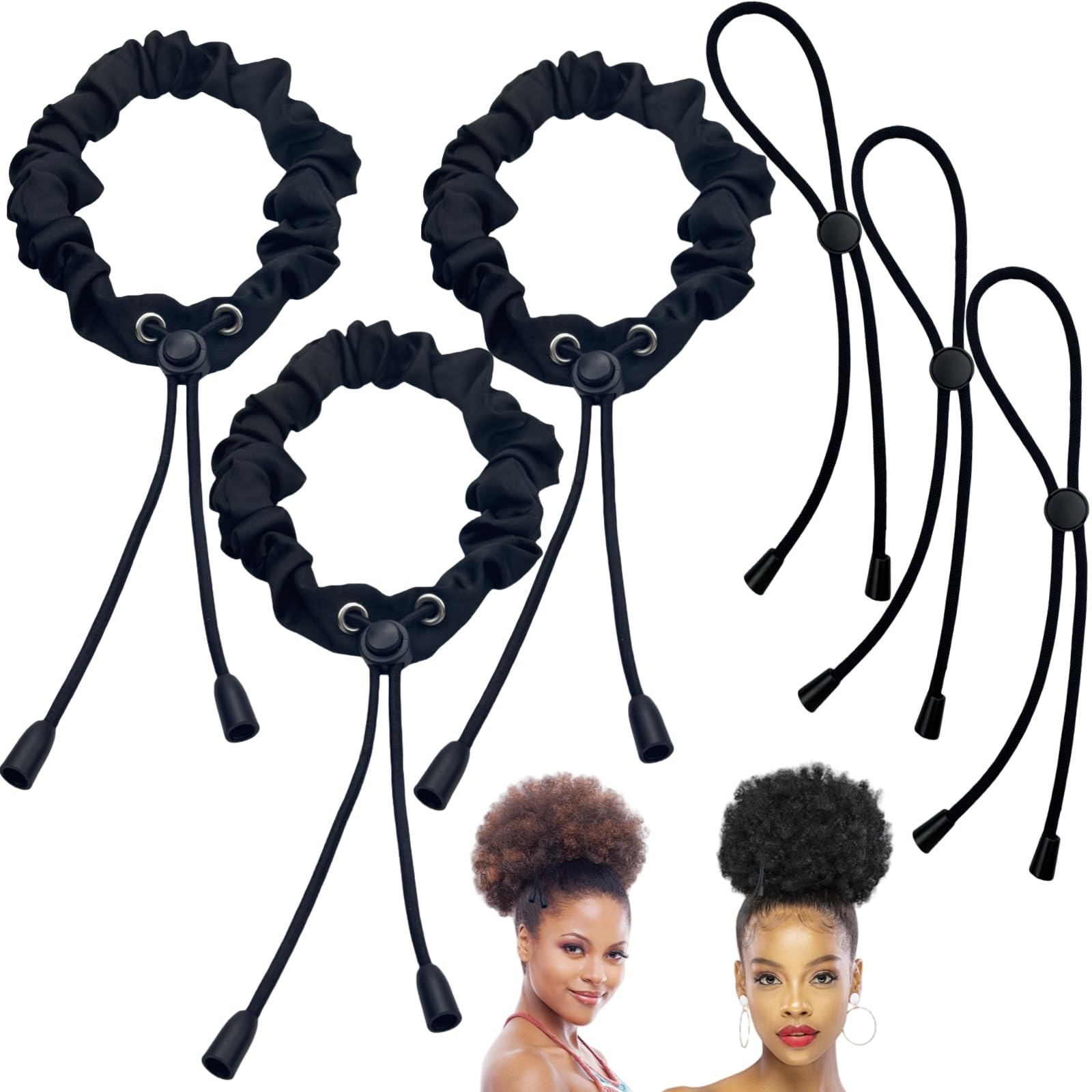 6pcs Black Adjustable Silk Hair Tie No Slip Extra Large Satin Scrunchies Ouchless Long Style Black Hair Ties Forthick Hair/Loc Hiar＆Natural Curly Ponytail Holders Hair Scrunchies Accessories