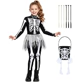 Ccfurwo Kids Skeleton Costume for Girls Halloween Ghostly Costumes Set | Girls Halloween Ghostly Skeleton Costume Set with Soft Skin-friendly Shirt Pants Cute Braids Bag Birthday Outfits
