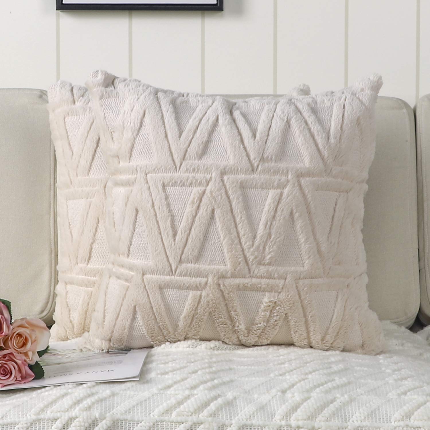 MADIZZ Beige Plush Short Wool Throw Pillow Covers Set of 2 Super Soft Boho Velvet Pillow Covers Decorative Textured Throw Pillowcases for Sofa Bedroom 16x16 Inch