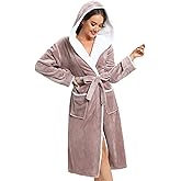 Kniffi Womens Winter Robe Fleece Hooded Bathrobe Plush Warm Robes