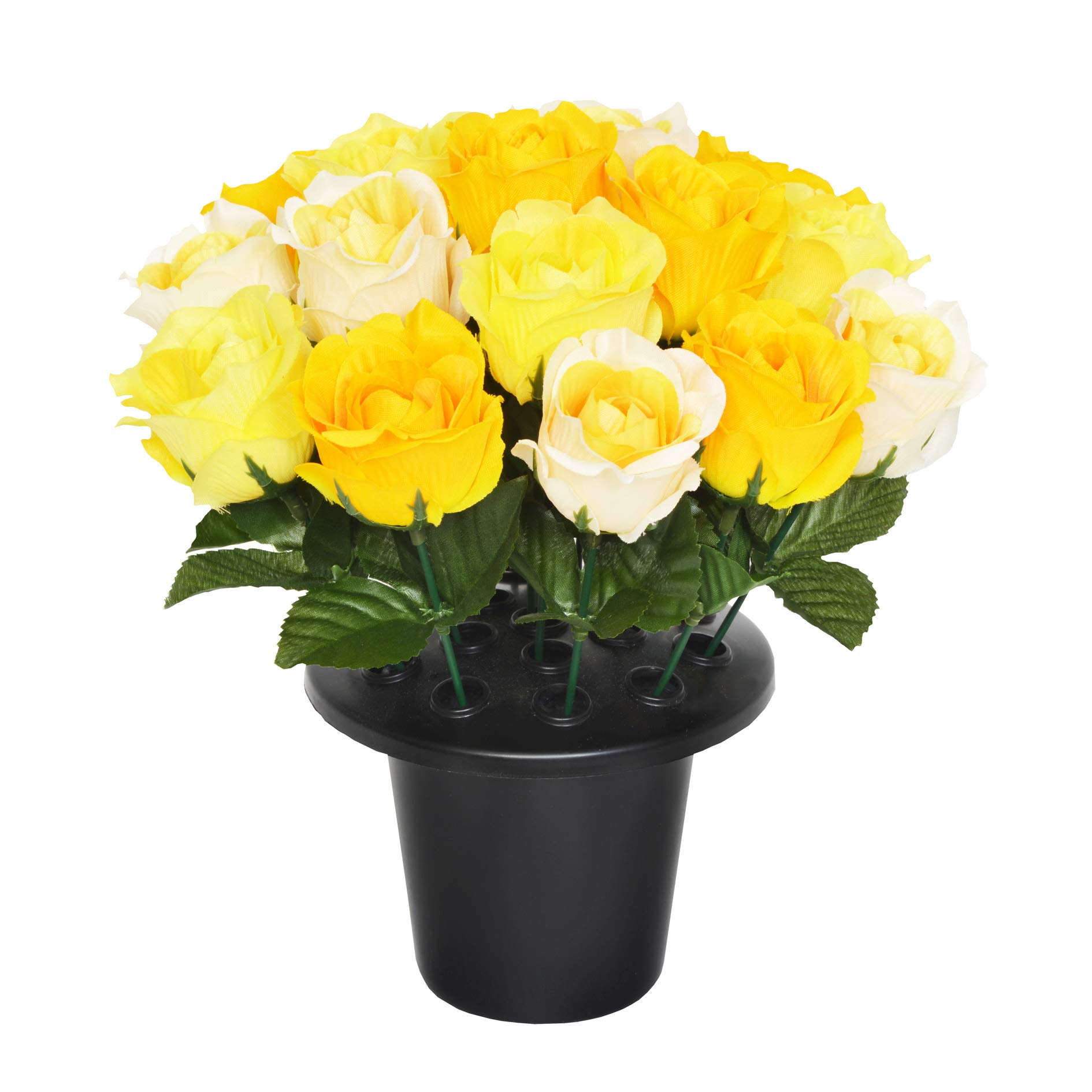 SF ARTIFICIAL YELLOW OPEN ROSE GRAVE POT WITH 16 FLOWERS - VASE INSERT MEMORIAL