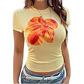 Flower Graphic Baby Tees for Women Summer Cute Tops Y2k Clothes Crop Slim Fit T Shirt 90s Vintage Aesthetic Streetwear