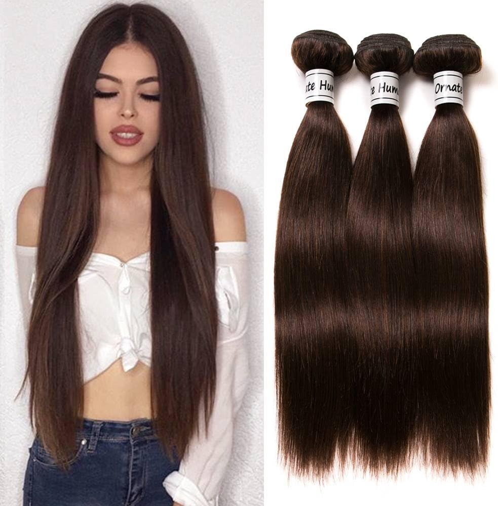 Ornate Hair Dark Brown Human Hair Bundles Straight Hair Extensions Brazilian Straight Remy Hair Weave Unprocessed Virgin Brazilian Hair Extensions Color #2(8 10 12 Inch) …