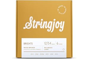 Stringjoy BB1254 Brights 80/20 Bronze Light Acoustic Guitar Strings, 12-54 Light Gauge, Guitar Strings Acoustic 6 String Set, Long-Lasting Tone, Smooth Playability, Premium Guitar Accessories
