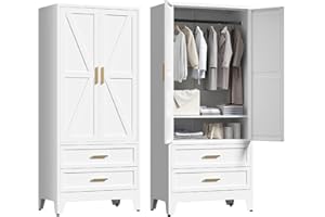 Washsemba 71'' Farmhouse Metal Wardrobe Cabinet with Hanging Rod, 2 Barn Door Wardrobe Closet with Adjustable Shelves,2 Drawer,for Dining Room,Bedroom,Living Room, Cloak Room,Office (White)