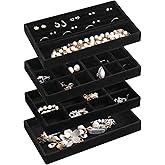 Frebeauty Jewelry Organizer Tray,Stackable Velvet Jewelry Trays,Drawer Inserts Earring Organizer For Women Jewelry Storage Display Case for Rings Stud Necklaces,Set of 4(Black)