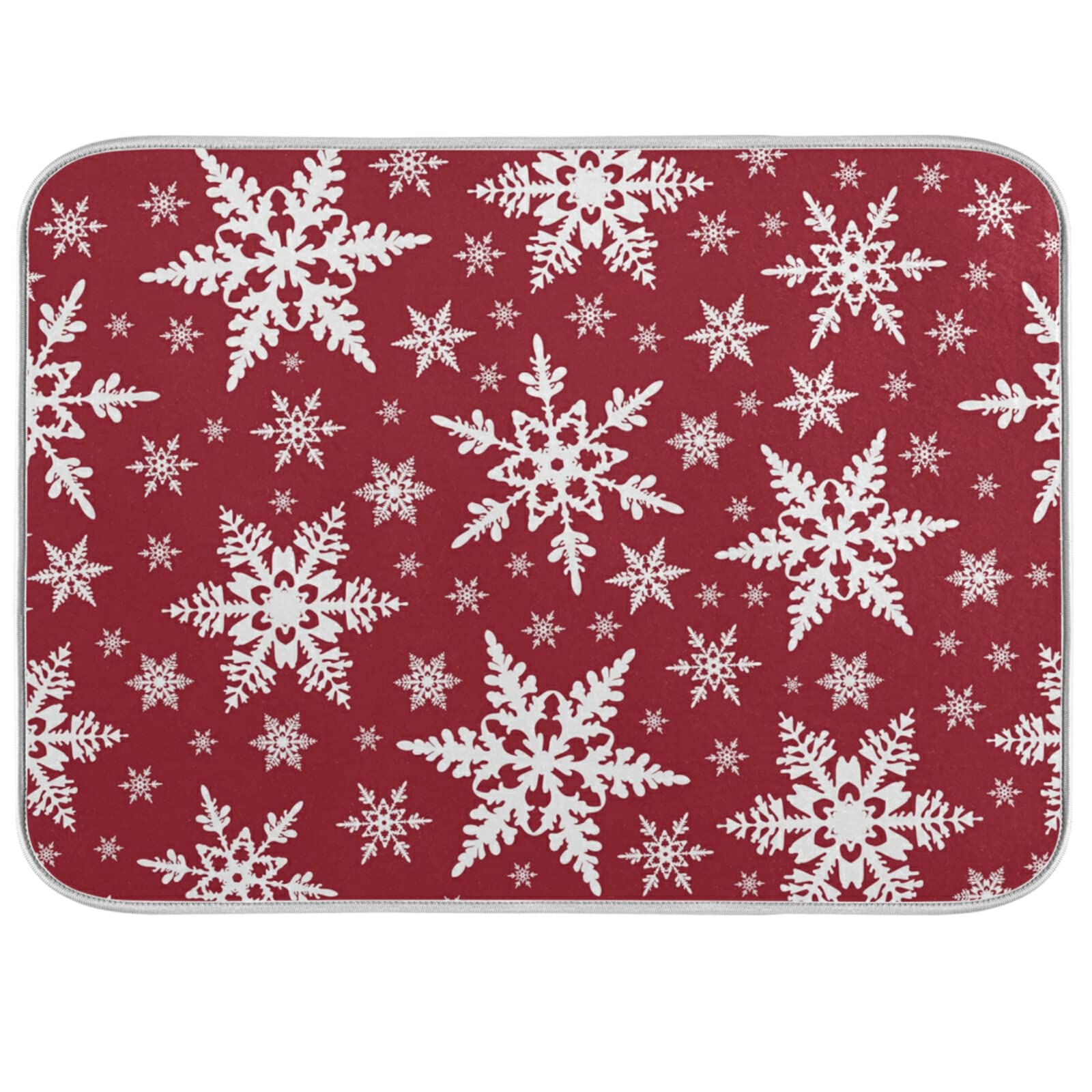 Absorbent Dish Drying Mat Christmas White Snowflake Seamless Pattern Dishes Drainer Protector Pad Trivet Mat Pot Holder with Hanging Loop for Kitchen Countertops Sinks Refrigerator 45.7 x 60.9 CM