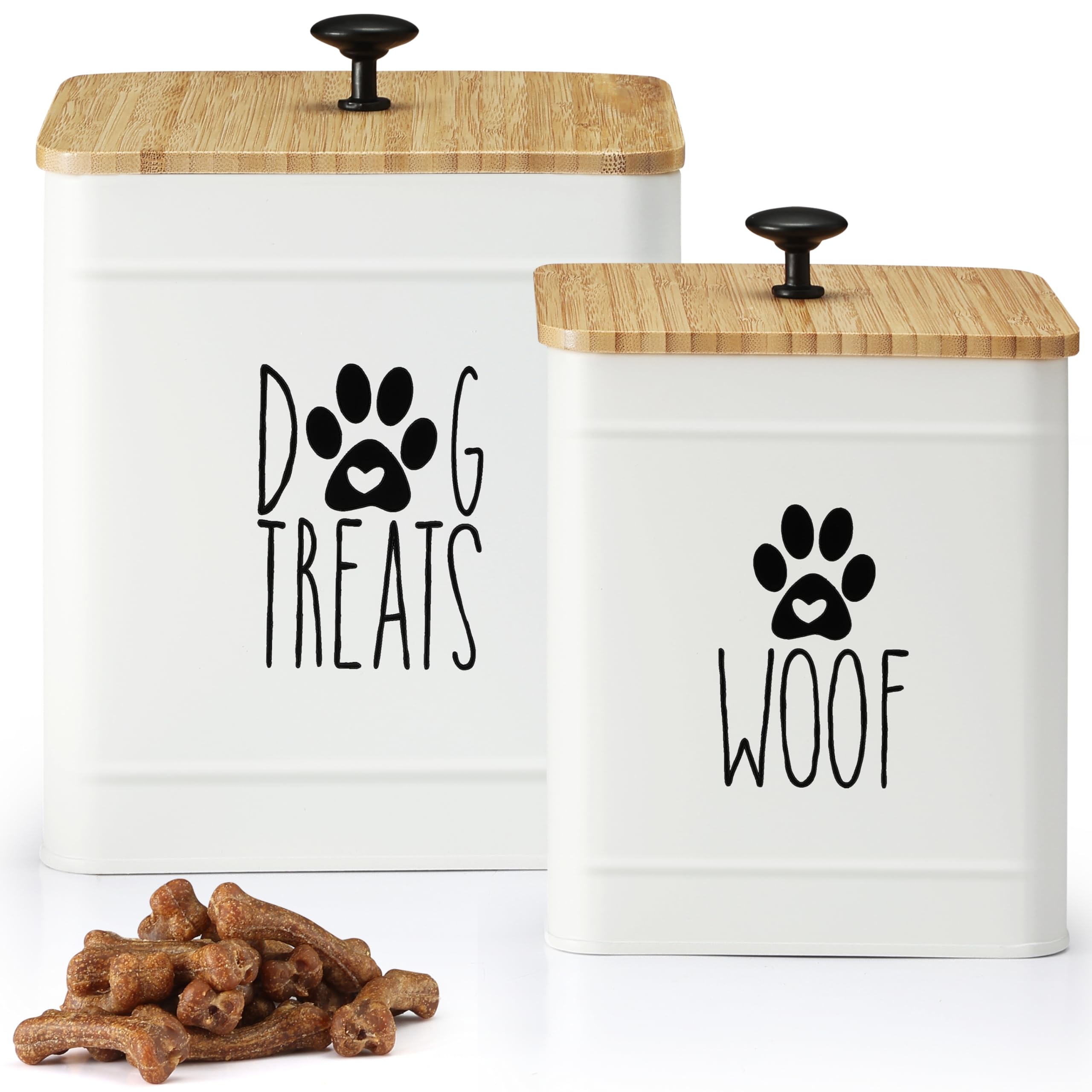 PERFNIQUE Dog Treat Container, Dog Treat Tin with 2 Airtight Lids, Kitchen Counter and Pet Treat Containers, 7.8 x 6.2 & 7.3 x 5.5 (White)