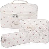 Gosect Makeup Bag Set, Quilted Makeup Bag, Large Floral Cosmetic Bag for Women, Cute Cotton Makeup Bags, Flower Travel Toiletry Organizer Bag(Plaid Floer)