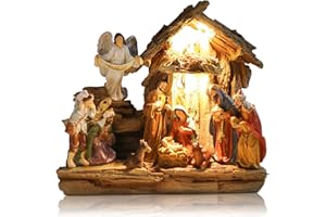 Ovewios Nativity Scene with Manger, Christmas Nativity Set Figurines with LED Lights, Resin Holy Family Christmas Tabletop Decoration for Home Mantle Holiday Indoor Decor