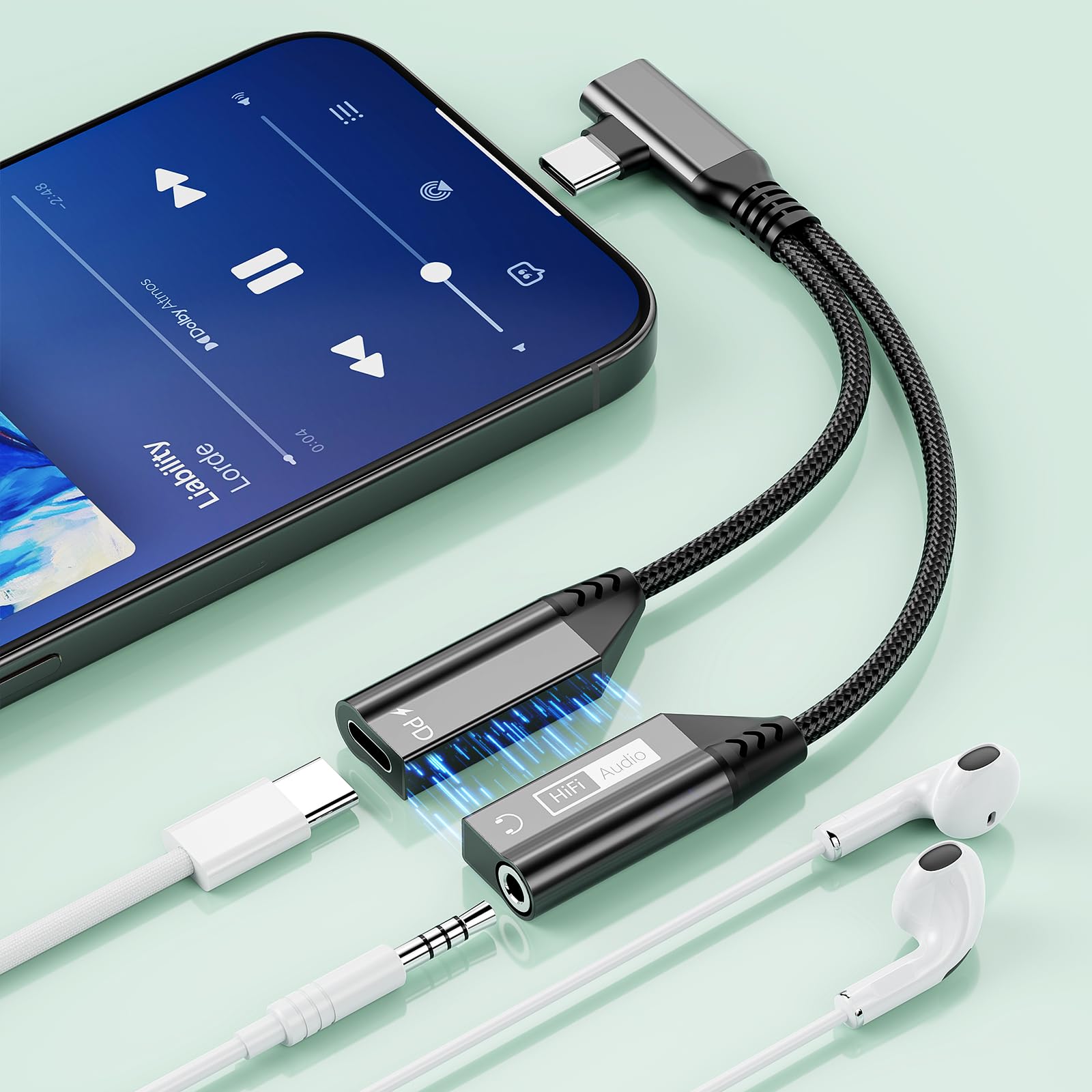 Photo 1 of 2-in-1 Right Angle USB C to 3.5mm Audio Jack Headphone and Charge Magnetic Cable Adapter for iPhone 15/iPad,PD 60W Fast Charge Earphone Converter Splitter for iPhone 15 16/Samsung/Huawei/iPad Pro Air