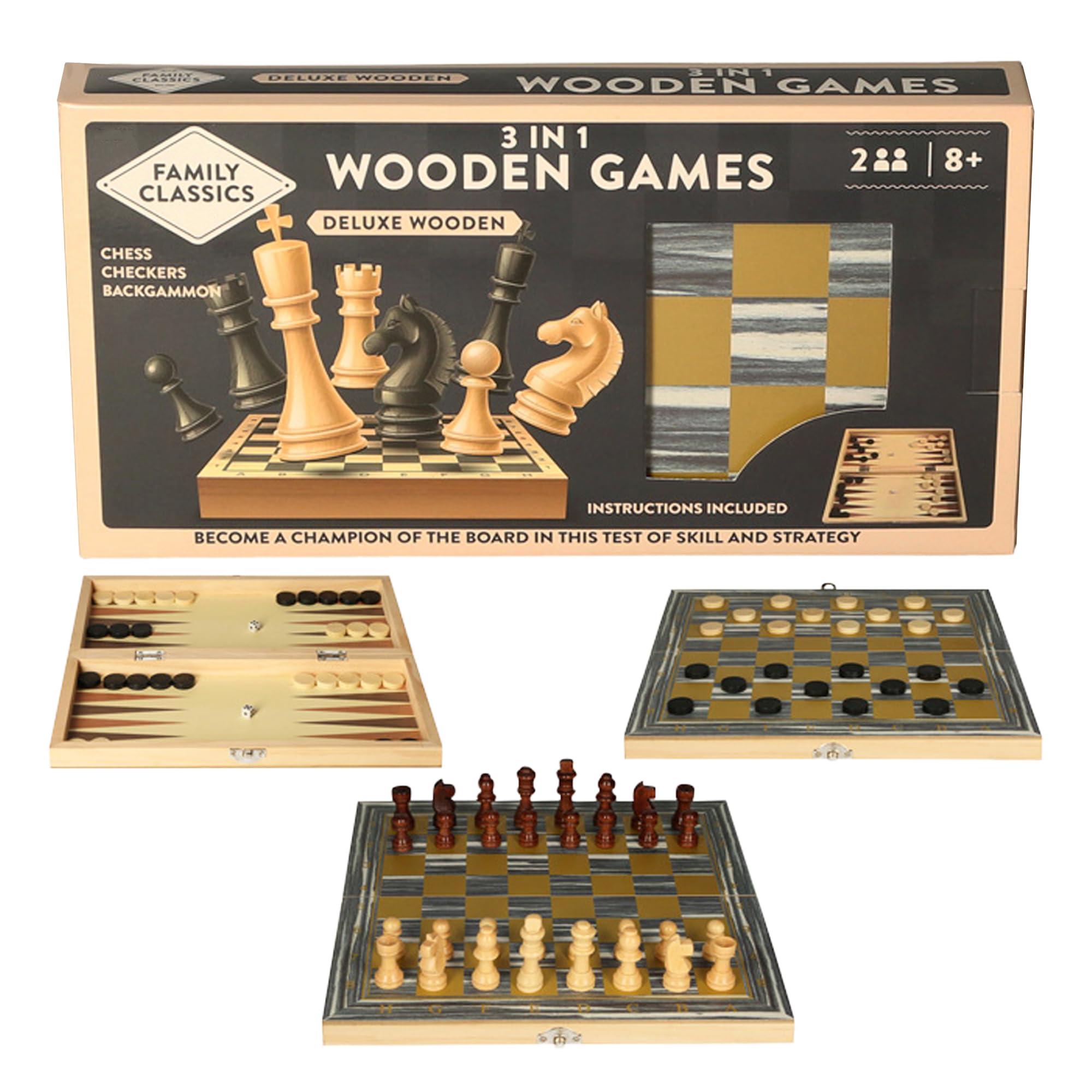3 in 1 Folding Wooden Board Game Set - Full Size Chess Board, Checkers Draughts, Backgammon, Portable Travel Game Set, Interior Storage Wood Box, For Kids and Adults Educational Play, For Beginners,